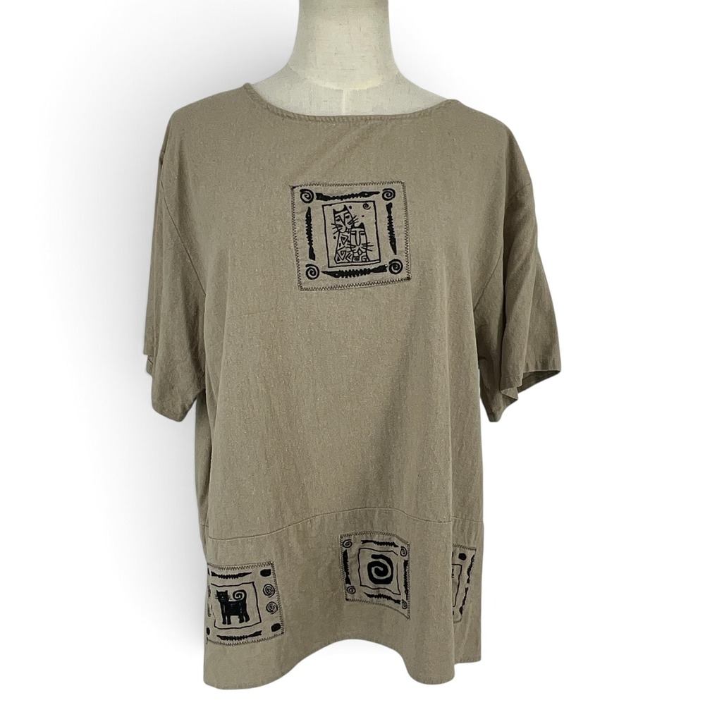 Hartman Sport Khaki Raw Silk Cat Patch Short Sleeve Top Plus 1X Boho Eclectic